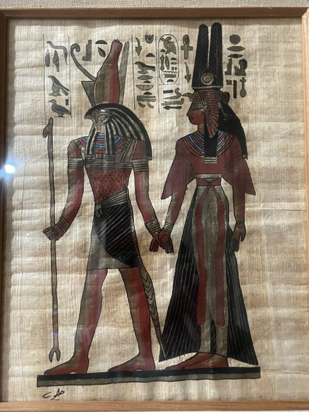 Egyptian Papyrus God Horus & Queen Nefertari Hand Painted Art Painting Signed